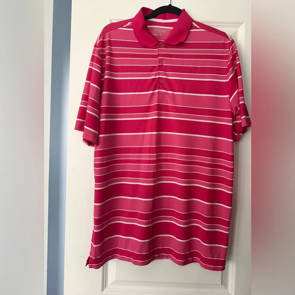 Nike Golf Dri Fit Tour Performance Pink White Stripe Polo Shirt Mens Large